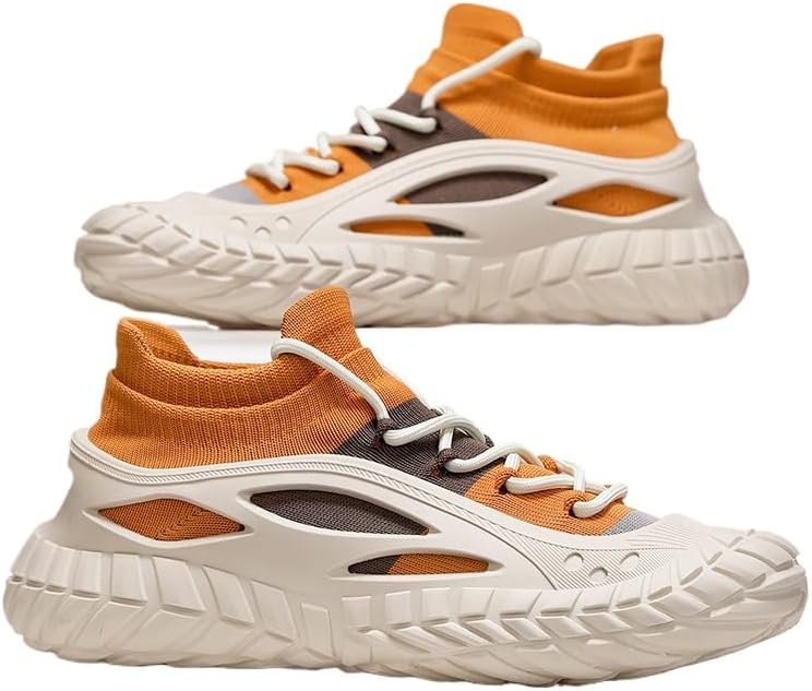

Мужские низкие кроссовки для улицы- дышащая ткань, подошва из ПУ, бежево-оранжевый полосатый дизайн, шнуровка, повседневная обувь на все сезоны, идеально подходят для повседневной носки и легкого спорта Qacksv