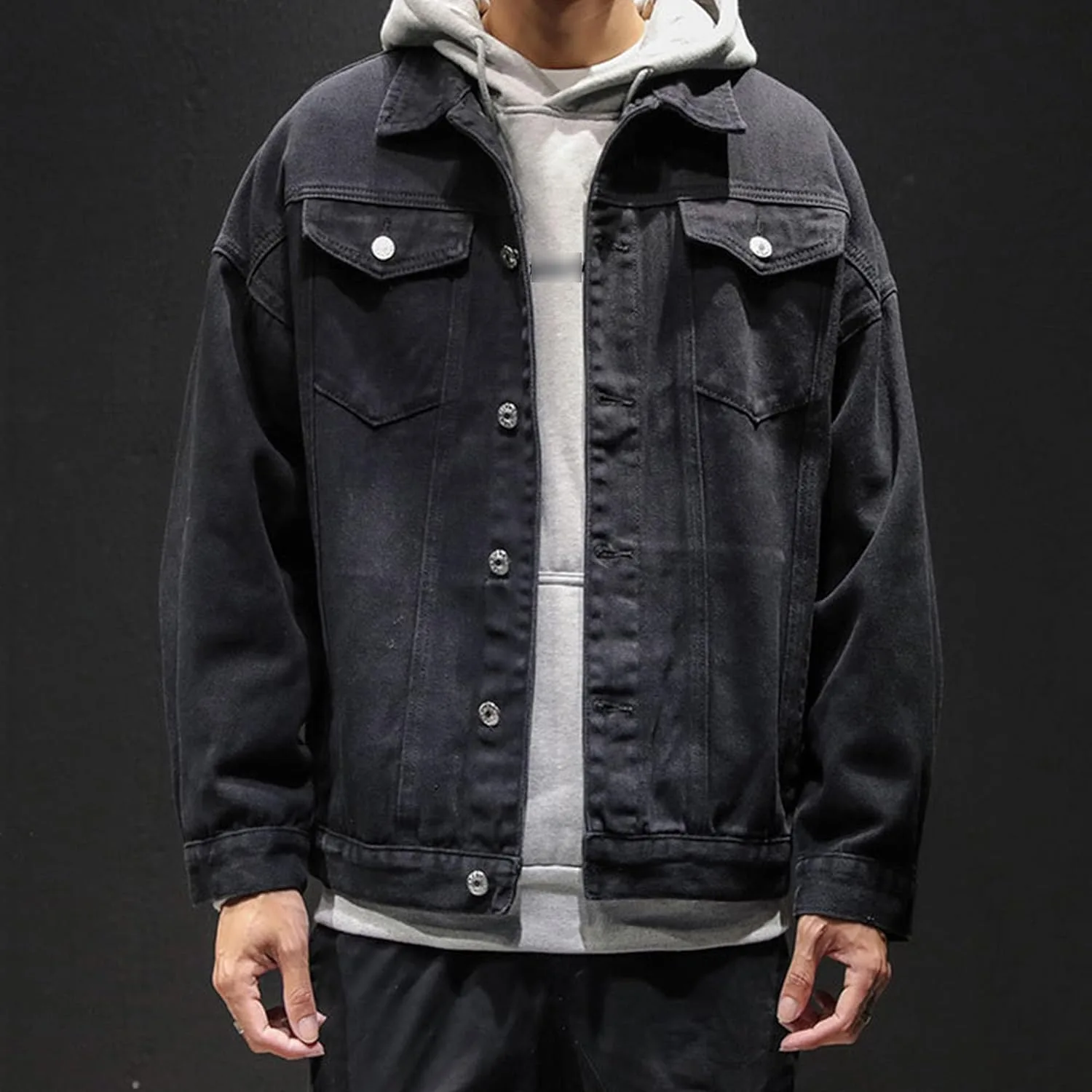 Мужская куртка-джинсовая парка в стиле Slim Fit Trucker, повседневная, состаренная Generic, черный — фото 3