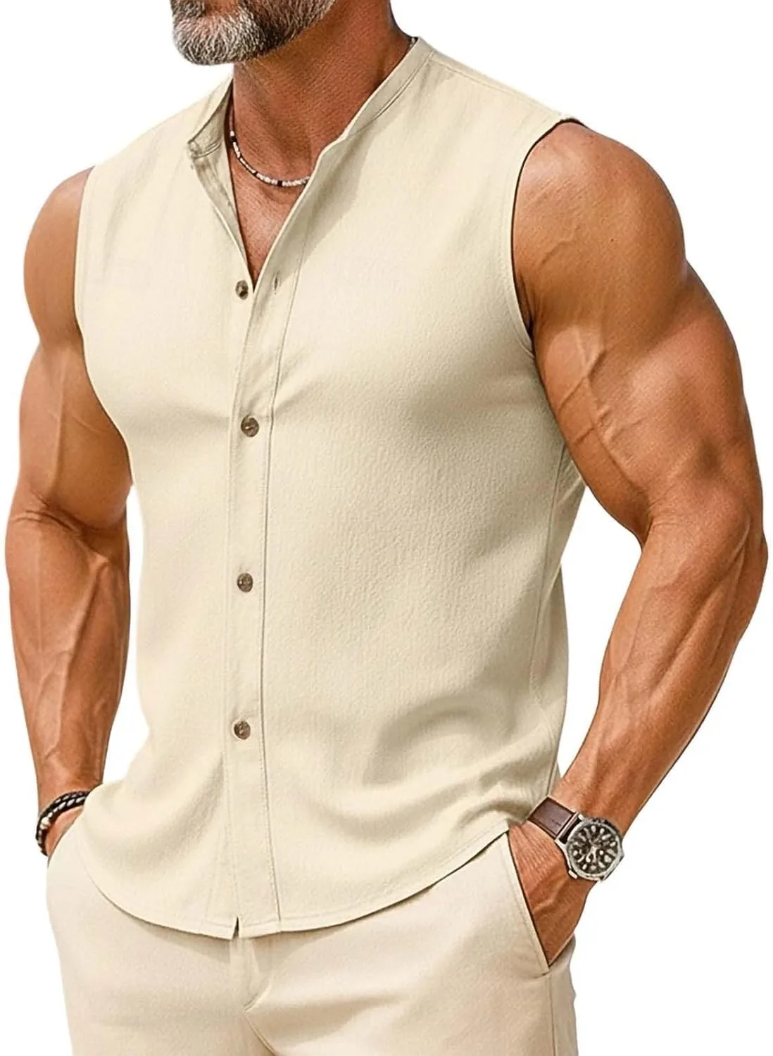 

Xiaojmake мужская летняя безрукавка с пуговицами, V-образным вырезом и воротником-стойкой