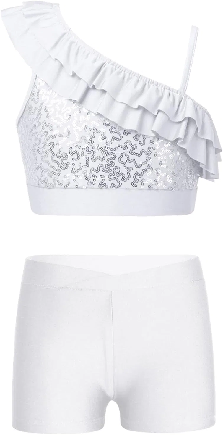 Детский спортивный костюм с пайетками Agoky, топ и шорты, White