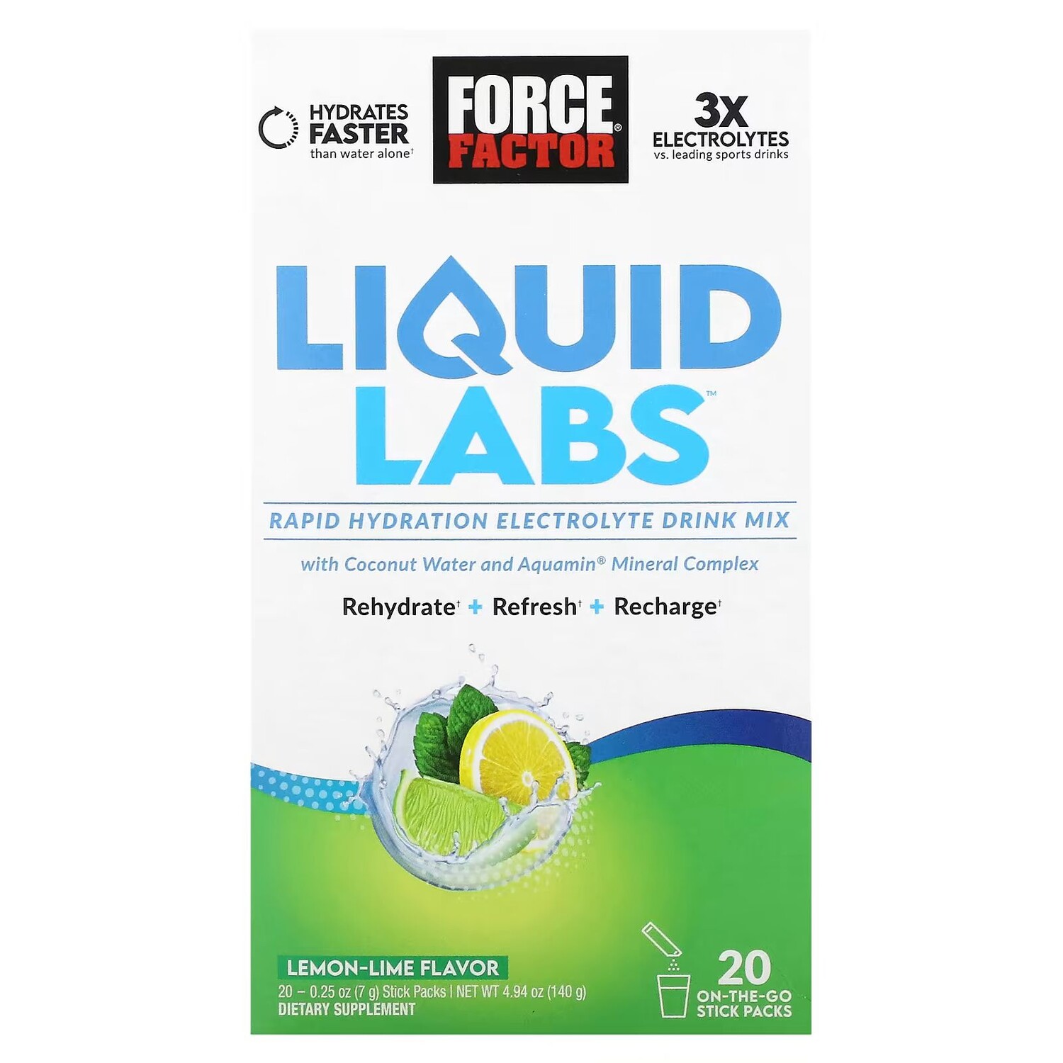 

Liquid Labs, смесь для питья с электролитами для быстрой гидратации, лимон и лайм, 20 пакетиков по 0,25 унции (7 г) каждый Force Factor