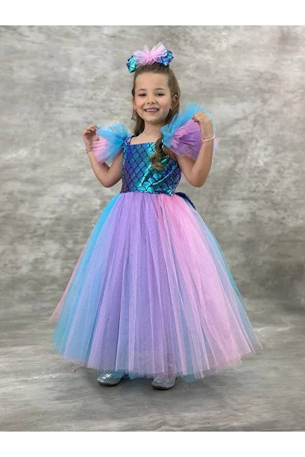 Детское платье для девочек с принтом Mermaid birthday dress Pumpido, Lilac Blue Pink — фото 3