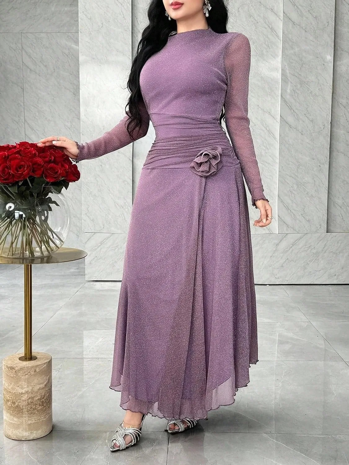 Женское повседневное миди-платье с длинным рукавом Elegant Party Dress, Purple — фото 2