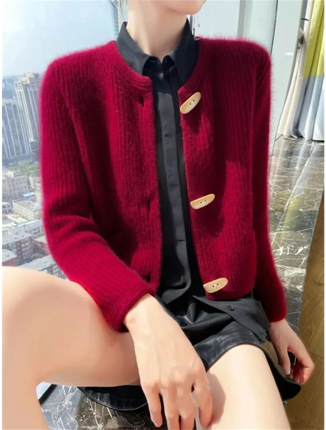Женский свободный кардиган с круглым вырезом, Cherries Red — фото 4