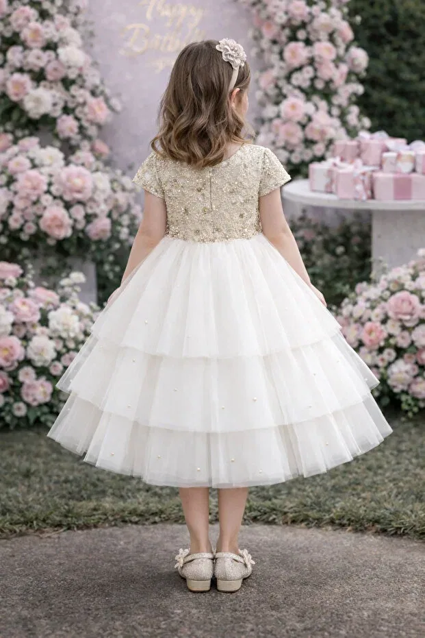 Детское платье для девочек из тюля с вышивкой Süslü Pink Kids, White — фото 2