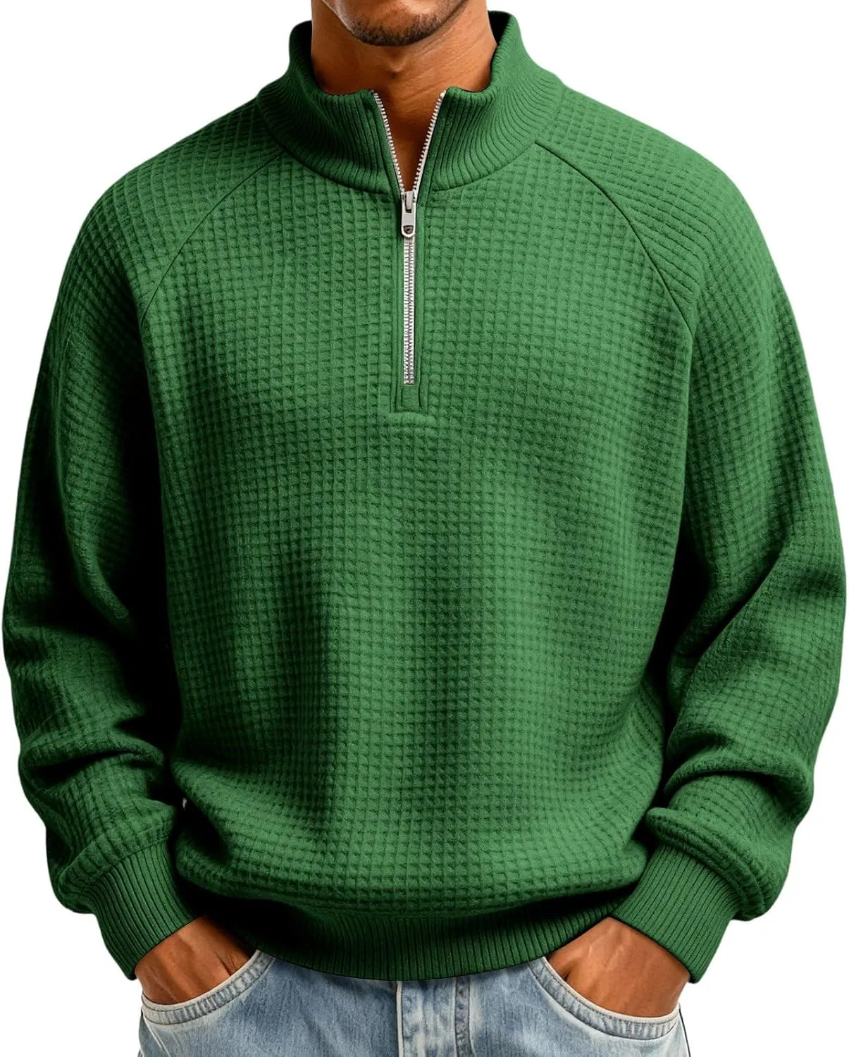 Мужская футболка с воротником-стойкой и четверть-застежкой Waffle Knit, Dark Green