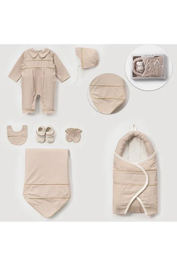 Детский комплект боди для новорожденных мальчиков хлопковый Kıl Piped Newborn Baby Boy 7-Piece Hospital Discharge Bodysuit Set Cherub Baby, Beige
