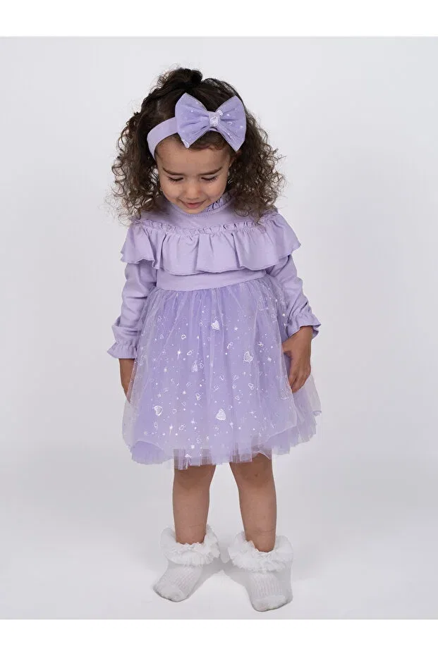 Детское платье для девочек с принтом Heart tulle valon dress 152.0569 Serkon Baby, Lilac