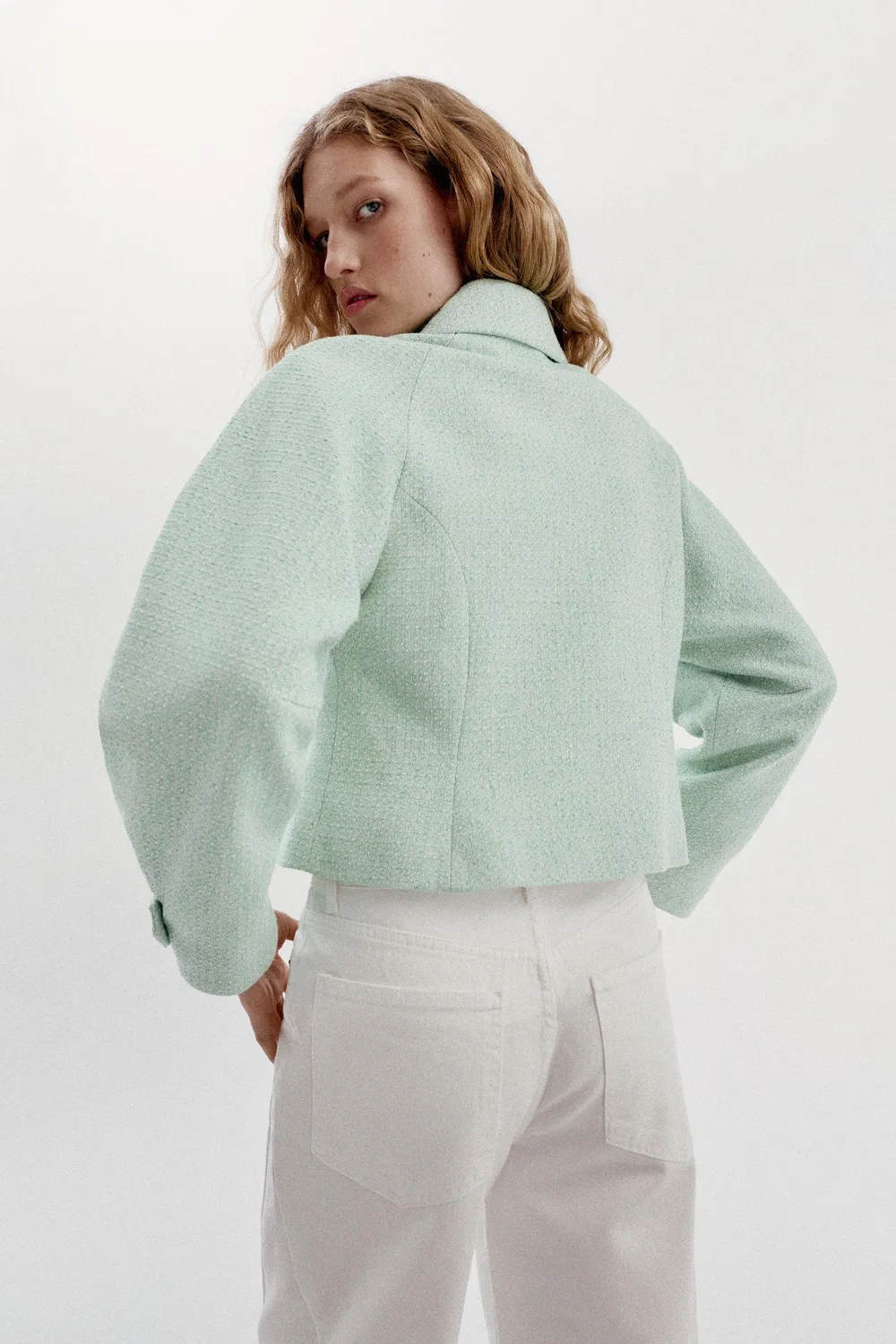 Текстурированная куртка на молнии ZARA, Ecru/Green — фото 4