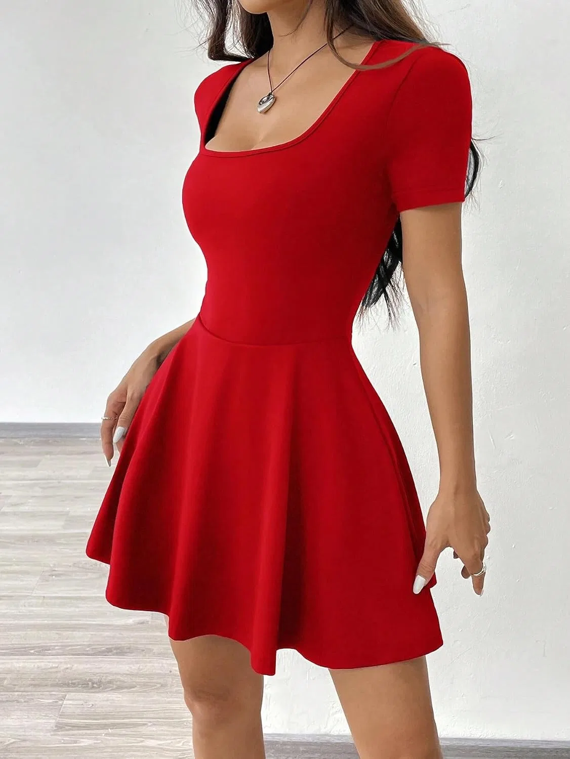 Женское мини-платье трапеция с длинным рукавом Knitted Fabric, Red — фото 3