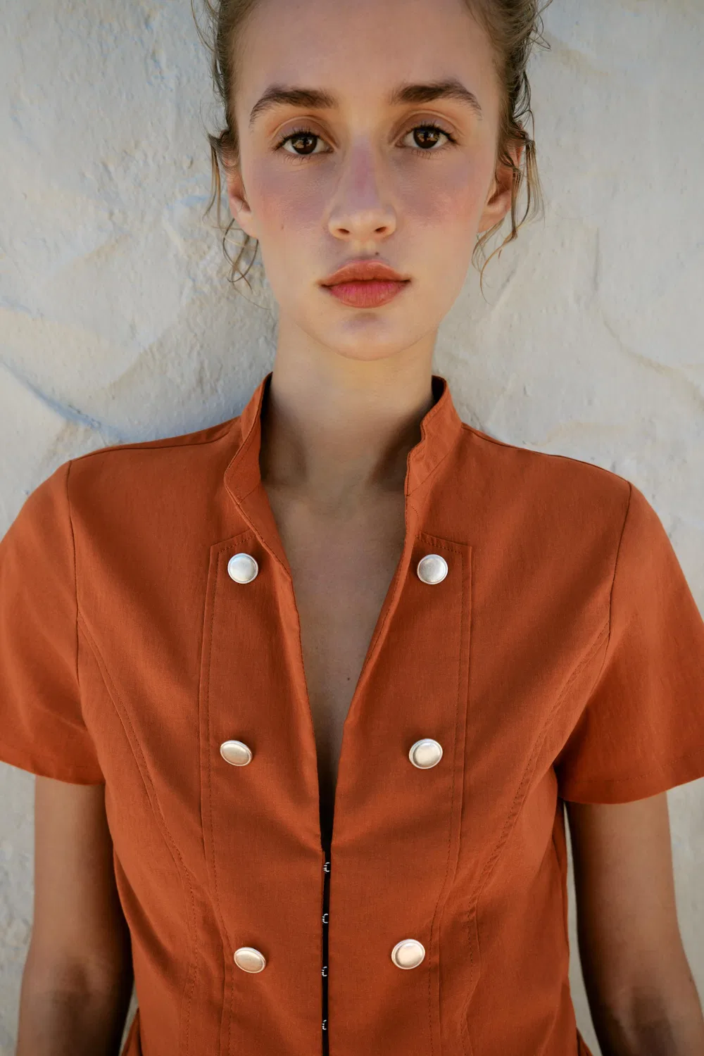 Футболка с короткими рукавами и пуговицами ZARA, Terracotta — фото 4