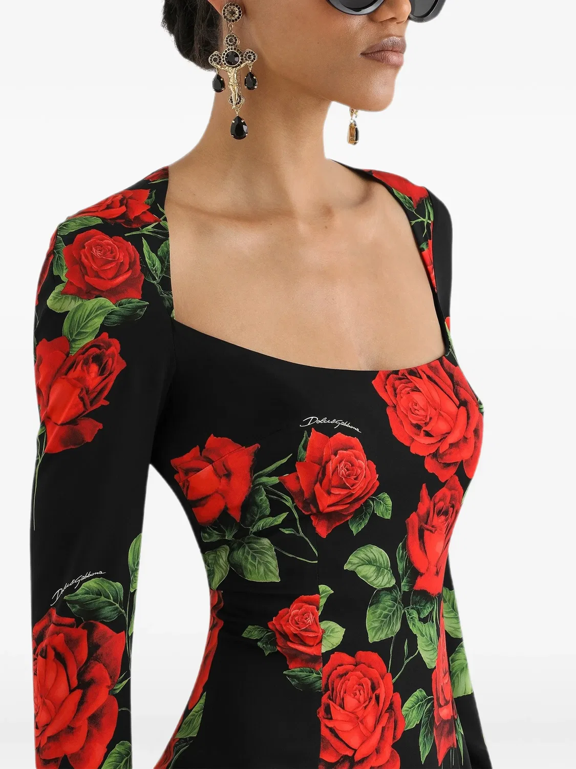 Платье миди из шармеза с принтом розы Dolce & Gabbana, черный — фото 2