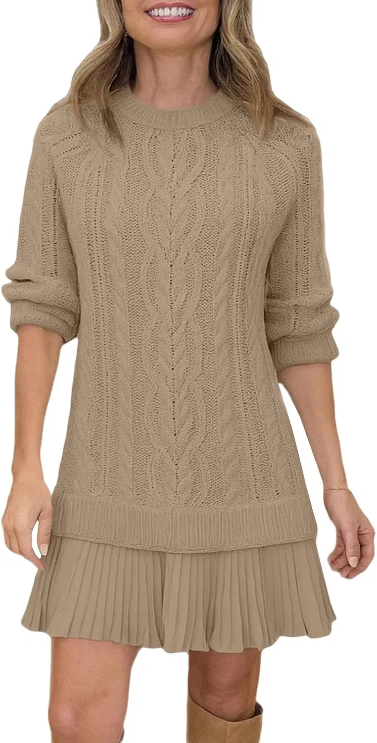 Женское мини-платье свитер с кабельной вязкой Patchwork Twofer, Khaki — фото 4