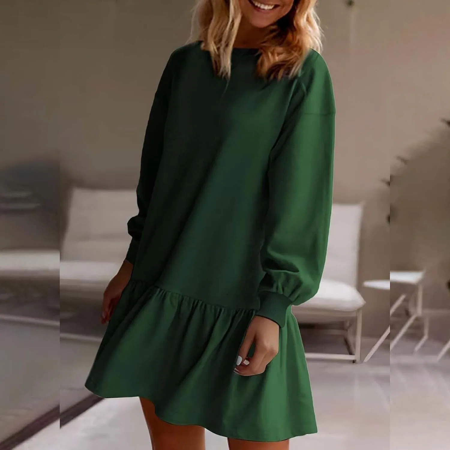 Женское платье-свитер с ребристым трикотажем Casual, Green — фото 2