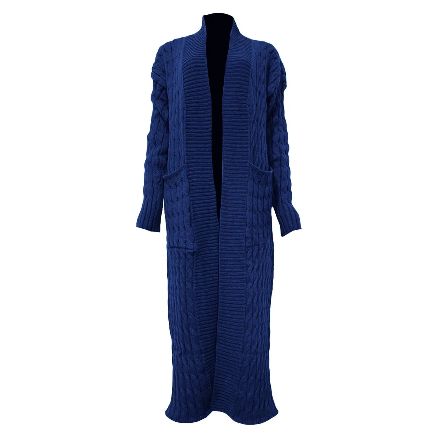 Женский удлиненный кардиган крупной вязки с карманами Plian Elegant Open Front Coat, Blu — фото 4