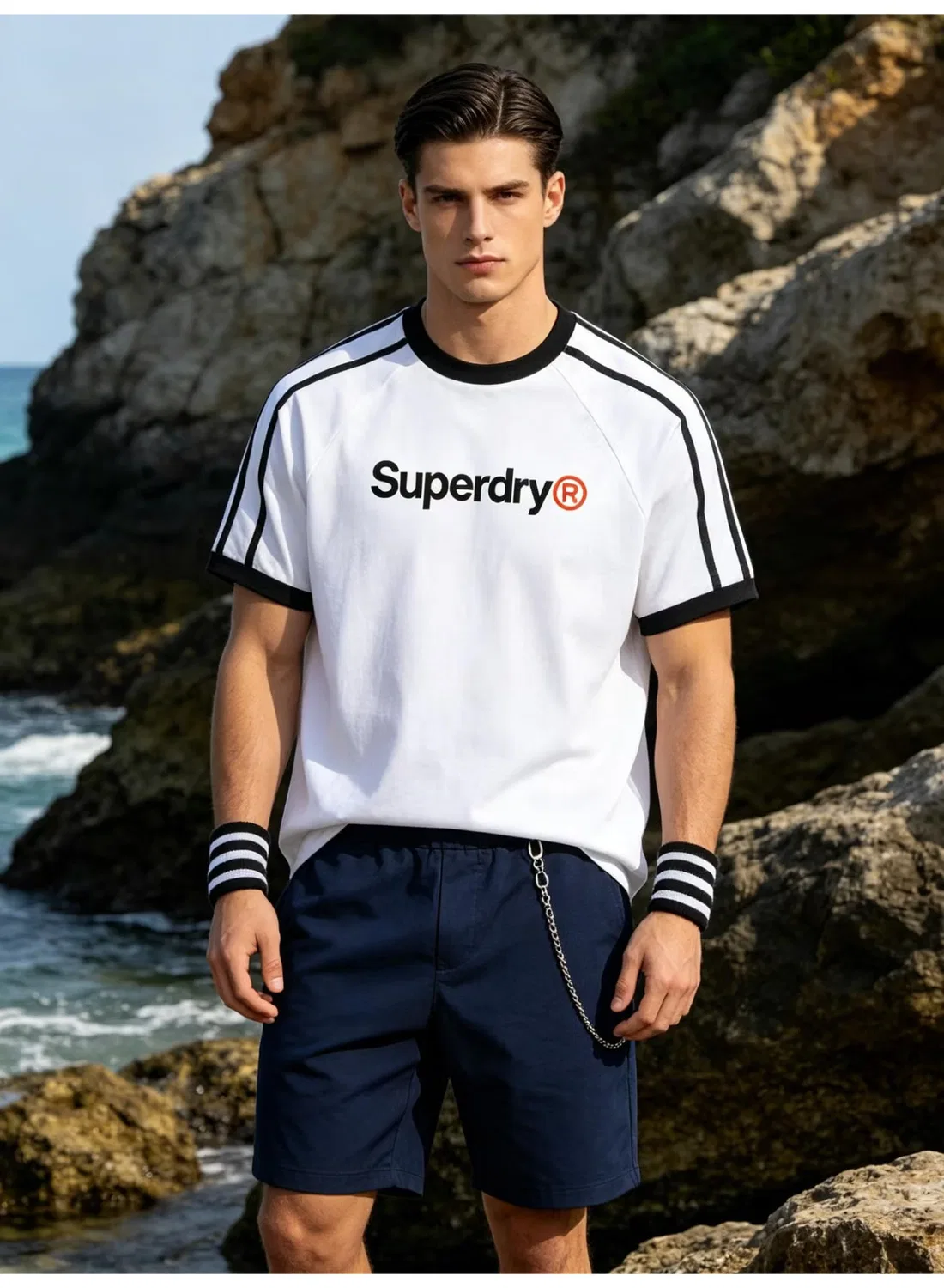 Superdry Футболка с принтом и полосами на плечах, белый — фото 3