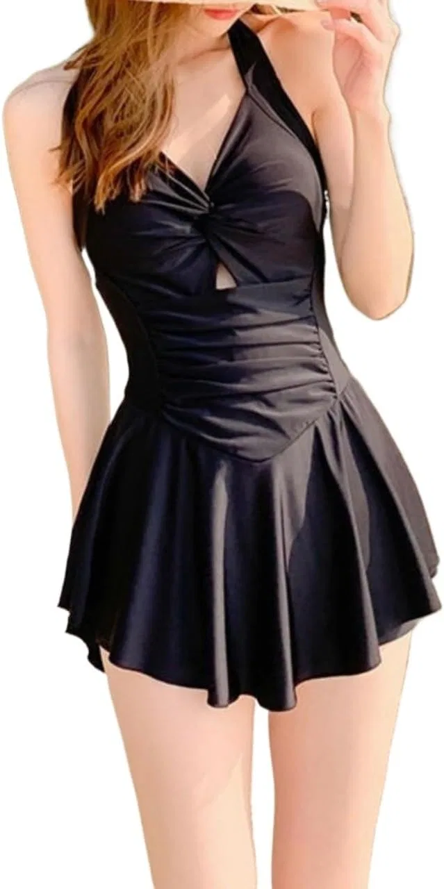 Женский цельный купальник без спинки с юбкой, Black