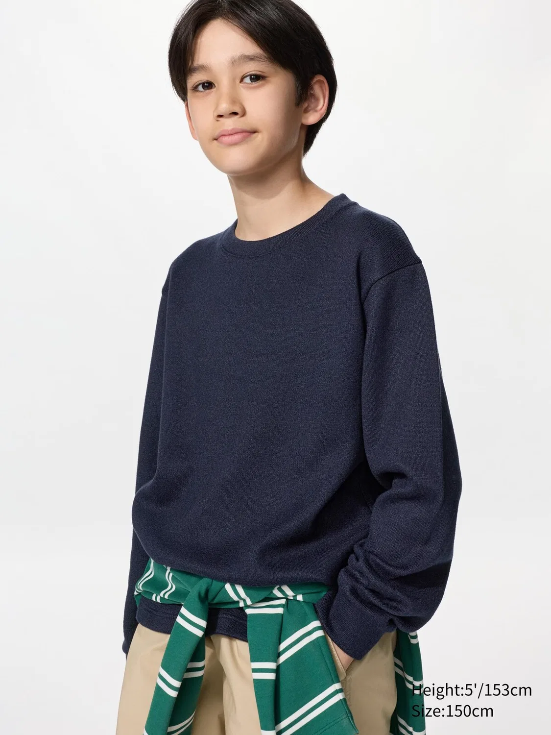 Детская вязаная флисовая футболка Uniqlo, с круглым вырезом, темно-синяя
