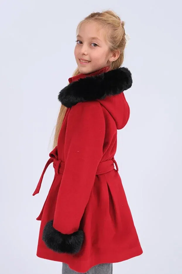 Детское пальто для девочек с капюшоном Fur Detailed Hooded Belted Cashmere Coat Perendi, Red — фото 3