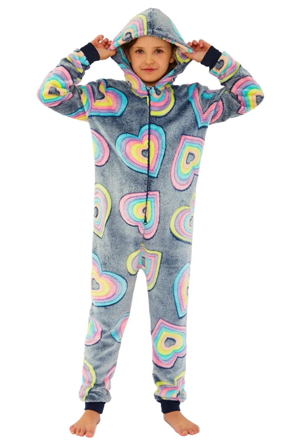 Детский флисовый комбинезон Rainbow Hearts Fleece Onesie Cozy N Dozy, Navy — фото 2
