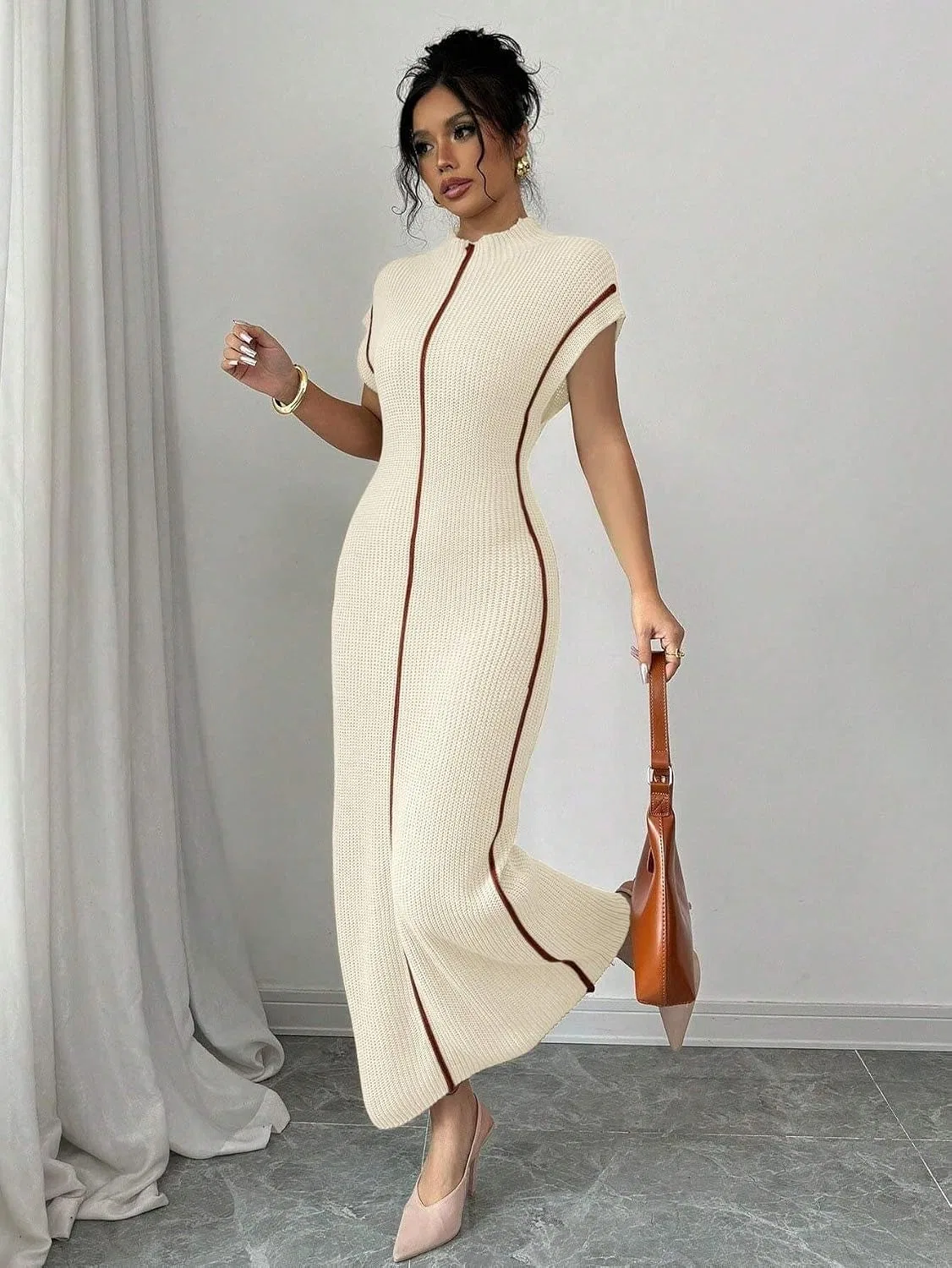 Женское платье миди с высоким воротником полосатое Knit, Apricot — фото 2