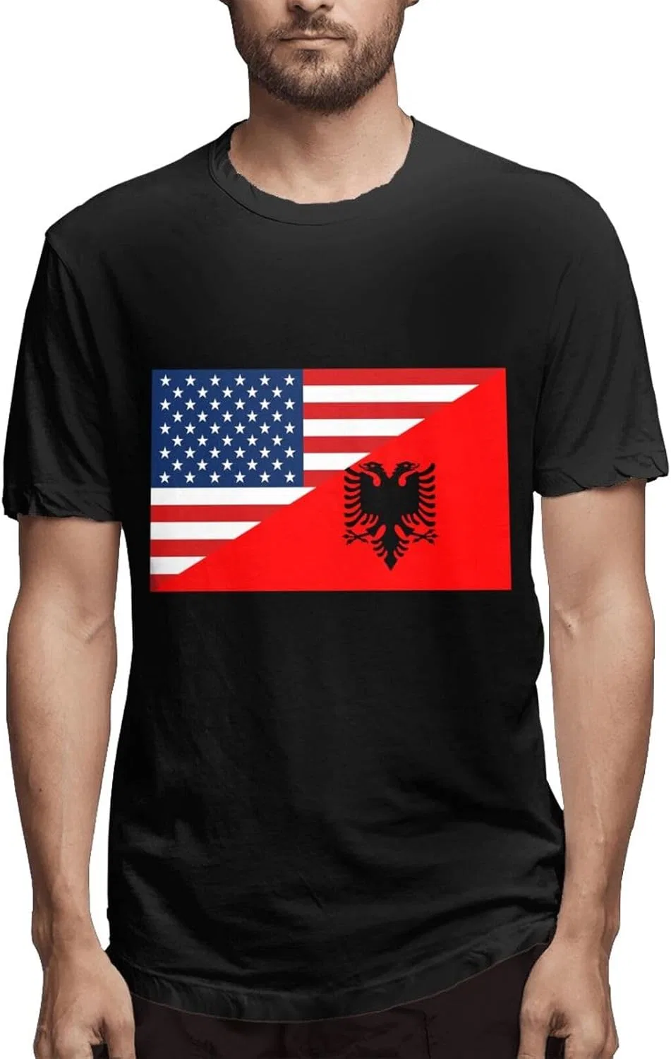 Мужская хлопковая футболка с принтом America Flag and Albania Flag, Black