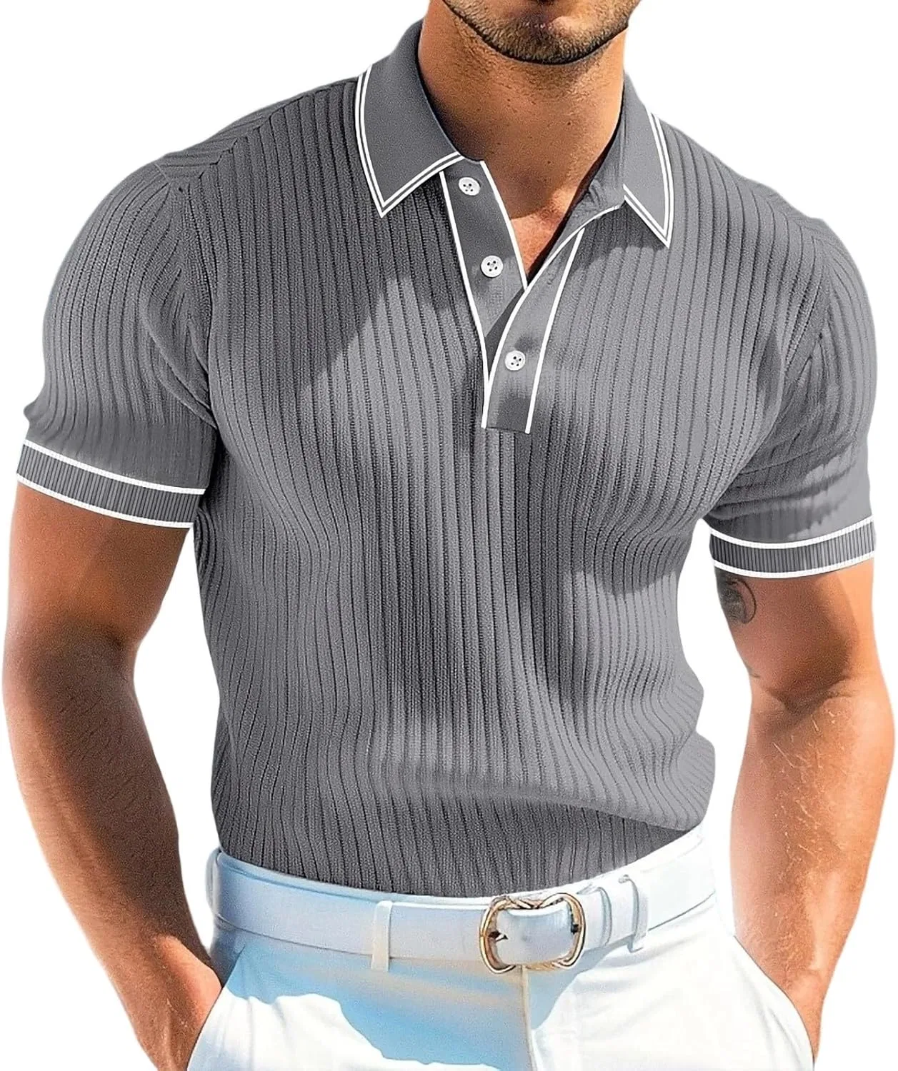 Мужская повседневная футболка с текстурным воротником Ribbed Polos, Gray-1