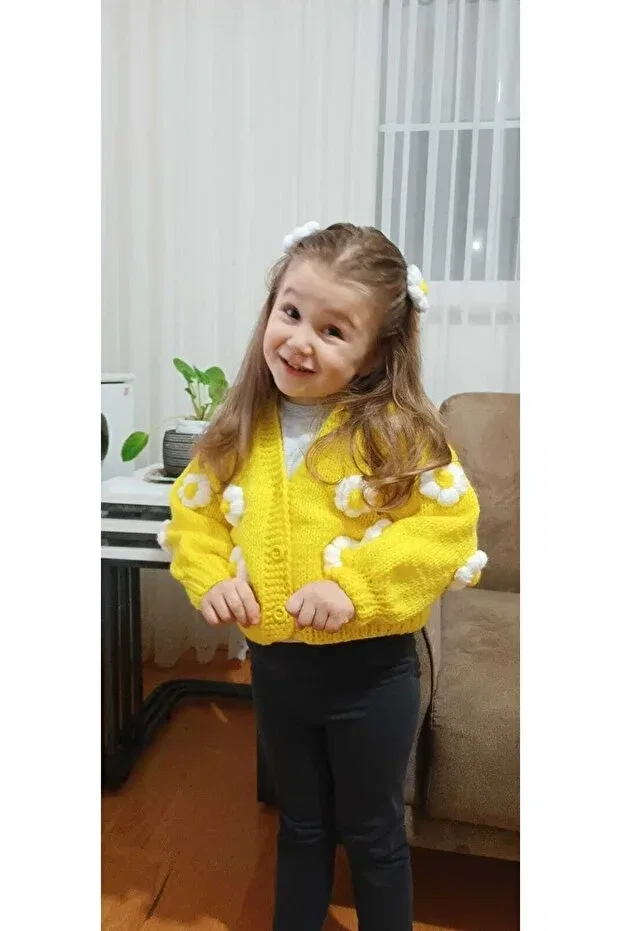 Детский кардиган для девочек с цветочным принтом El Örgüsü Cici Bebe, Lemon Color — фото 2