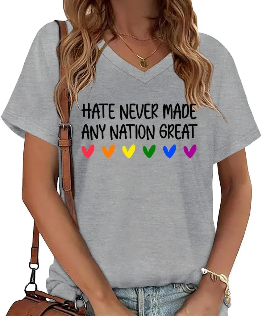 Женская футболка с принтом Hate Never Made Any Nation Great Regular Fit V-Neck, Grey