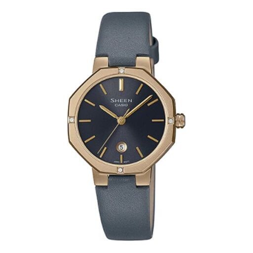 

Часы CASIO SHEEN Octagon Sapphire Crystal Gold Color Case 50m Waterproof Leather Strap Black Watch Black/Gold Analog, черный