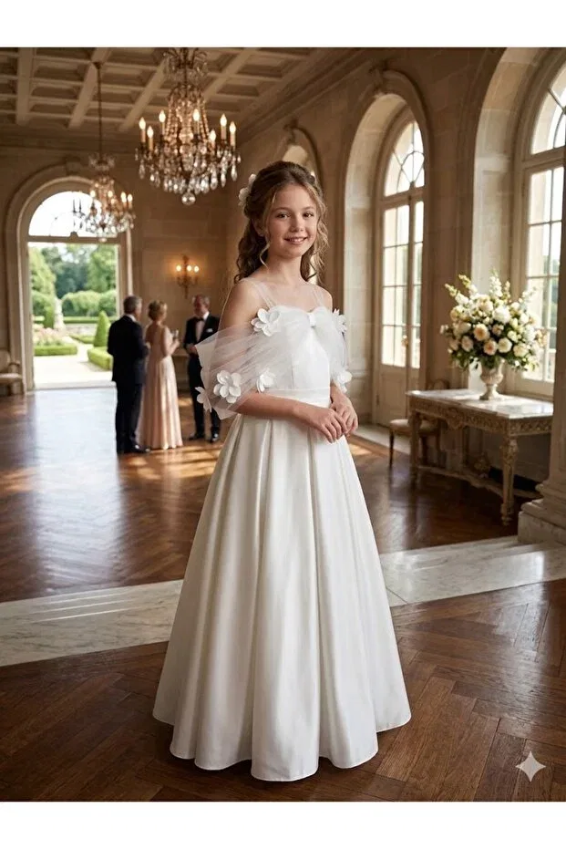 Детское платье для девочек с цветочным принтом Prom Kent Of Kıds, White