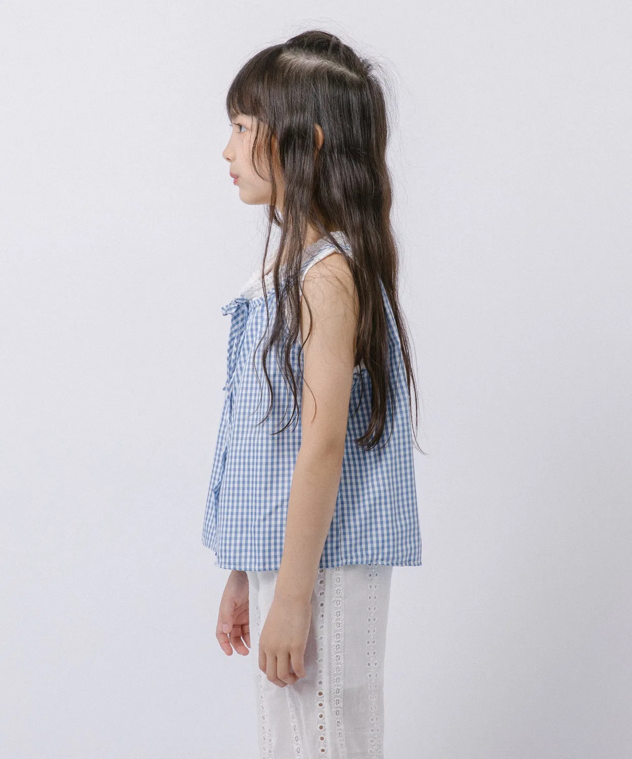 Детский комплект из топа на бретелях и брюк с кружевом, модель Gingham Check URBAN CHERRY, Blue — фото 3