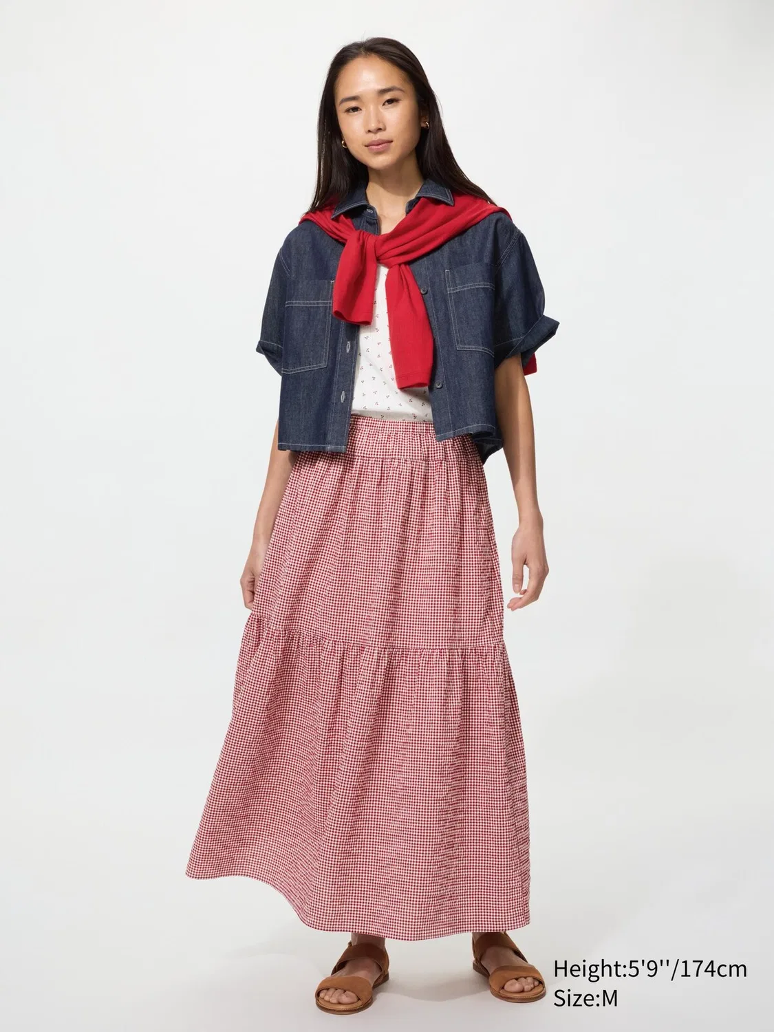Юбка Uniqlo, многослойная макси, красная/в клетку — фото 2