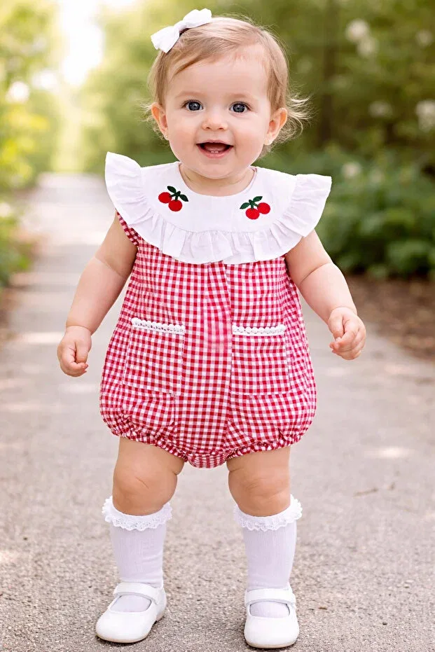 Детский комбинезон для девочек с принтом Cherry Embroidered Summer Plaid Romper Bilge Trend, Red