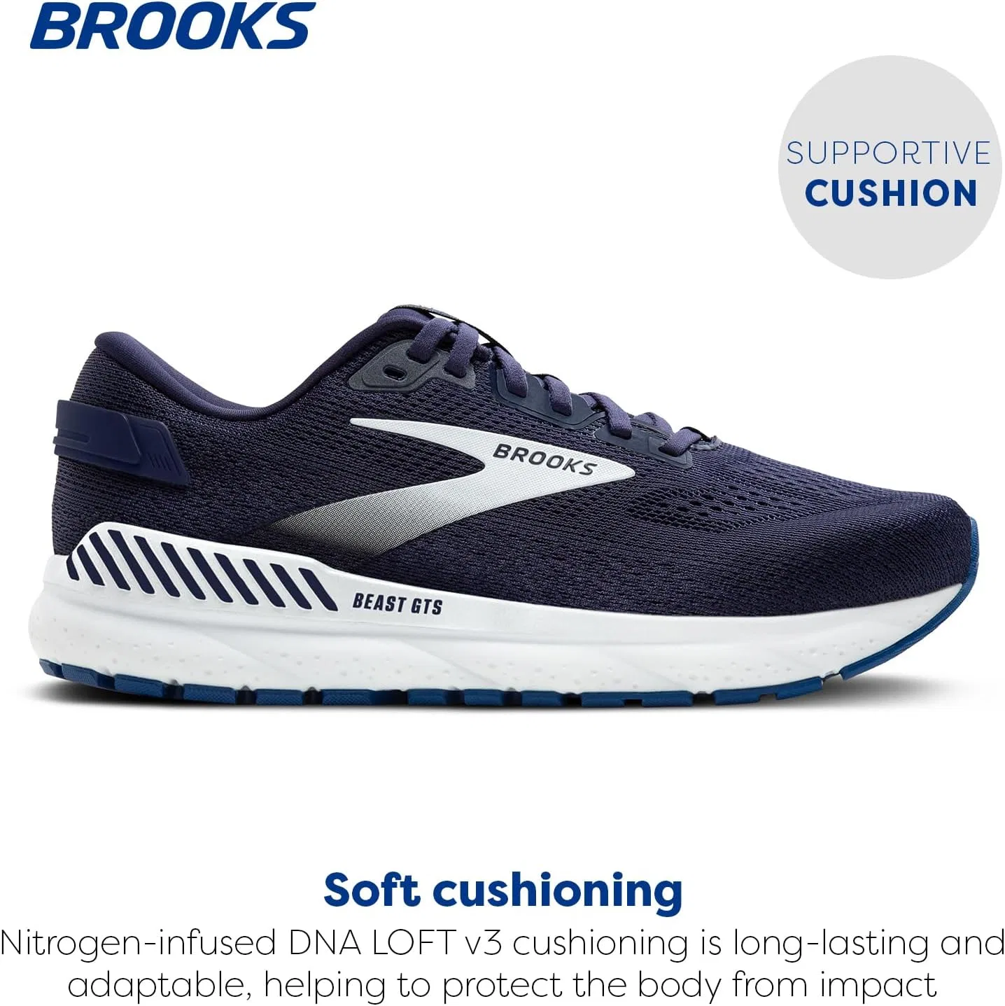 Мужские кроссовки Brooks Beast GTS 24 для бега и ходьбы с хорошей поддержкой стопы, Peacoat True Navy White — фото 2
