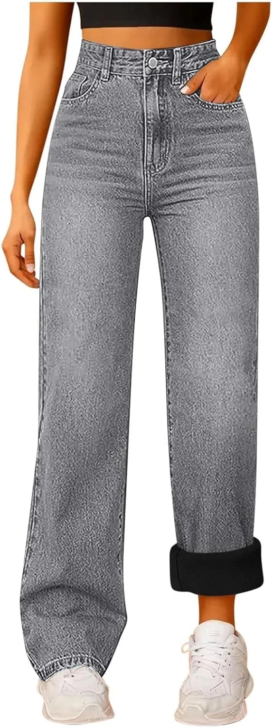 Утепленные джинсы женские high waisted straight leg