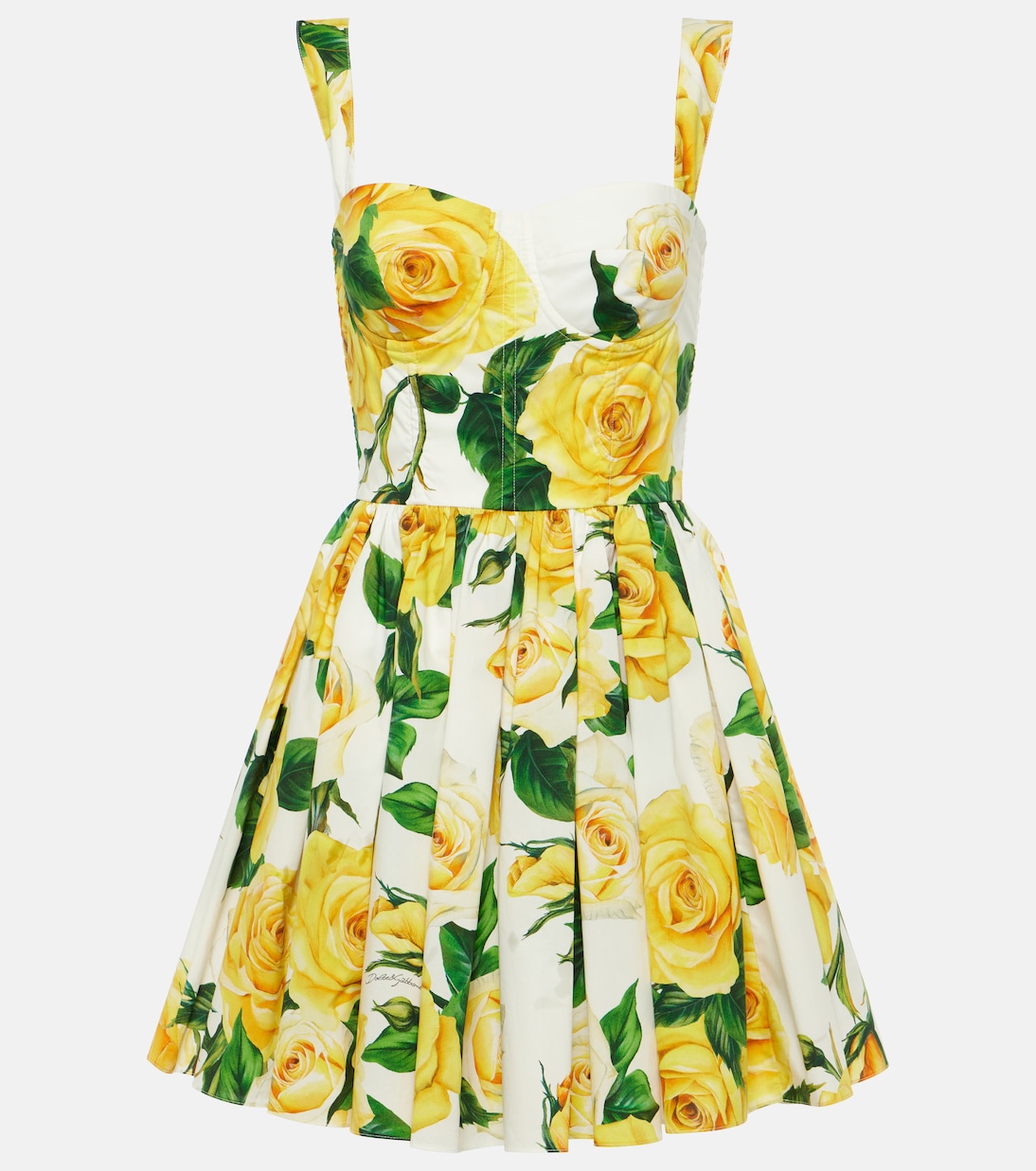

Мини-платье из хлопка с цветочным принтом и плиссе Dolce&Gabbana, Rose Gialle Fdo Bco
