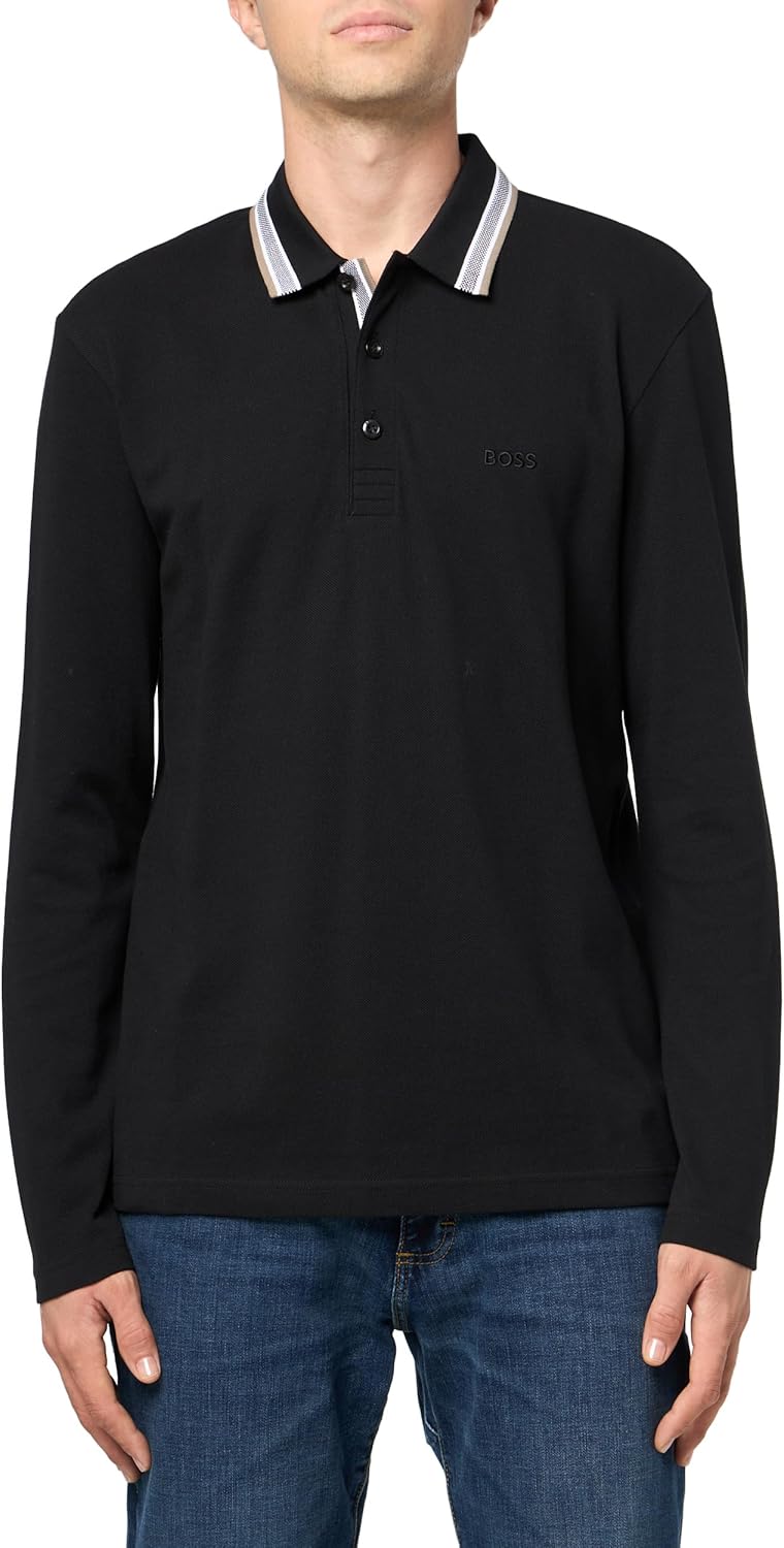 

BOSS Мужская поло с длинным рукавом из плиссированного хлопка, Black Olive, Черный, BOSS Мужская поло с длинным рукавом из плиссированного хлопка, Black Olive