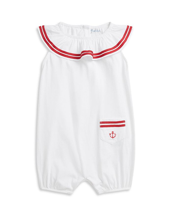 

Детский комбинезон-шорты с полосатой отделкой из хлопка для девочек - Baby Ralph Lauren, белый