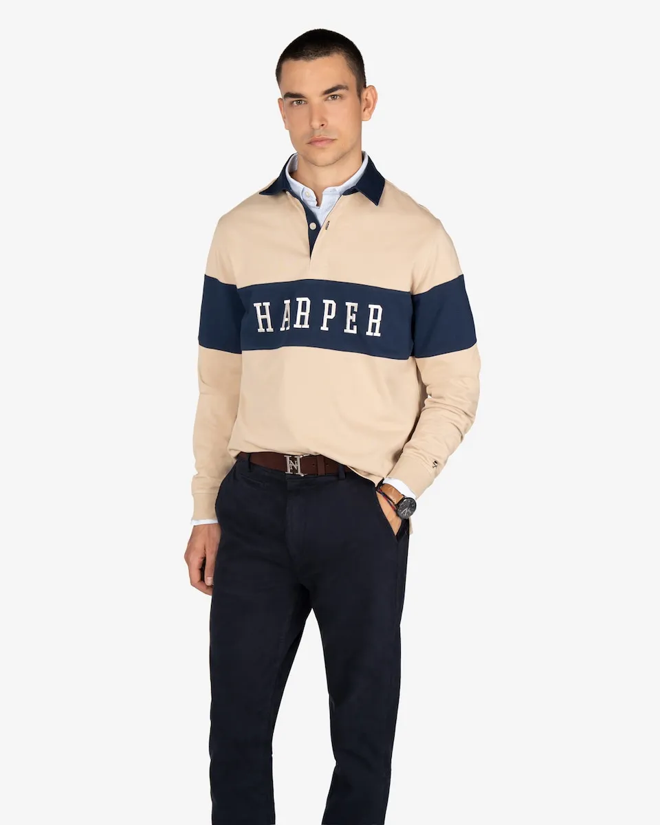 

Мужское поло с длинным рукавом и рисунком на груди Harper & Neyer, синий/бежевый