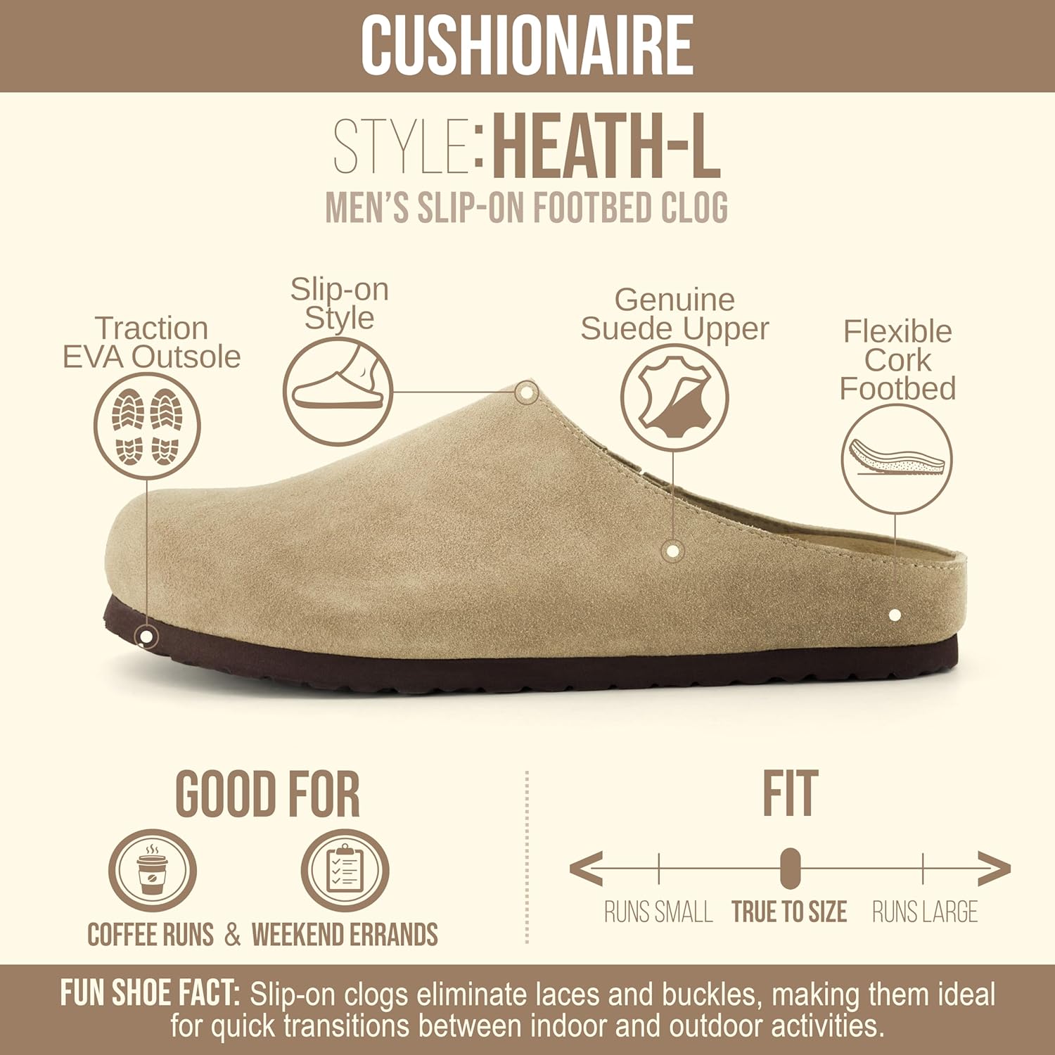 Мужские сабо CUSHIONAIRE Heath из настоящей замши с амортизирующей стелькой из пены памяти, удобные шлепанцы на легкое надевание, Taupe — фото 2