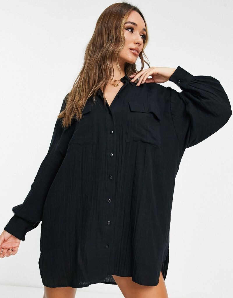 

Черное платье-рубашка оверсайз из двойной ткани ASOS DESIGN