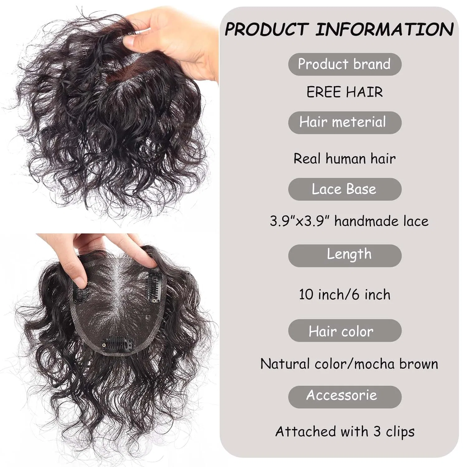 Накладка на волосы Curly Human Hair Topper для женщин с тонкими волосами 25 см Eree Hair, Natural Colour — фото 4