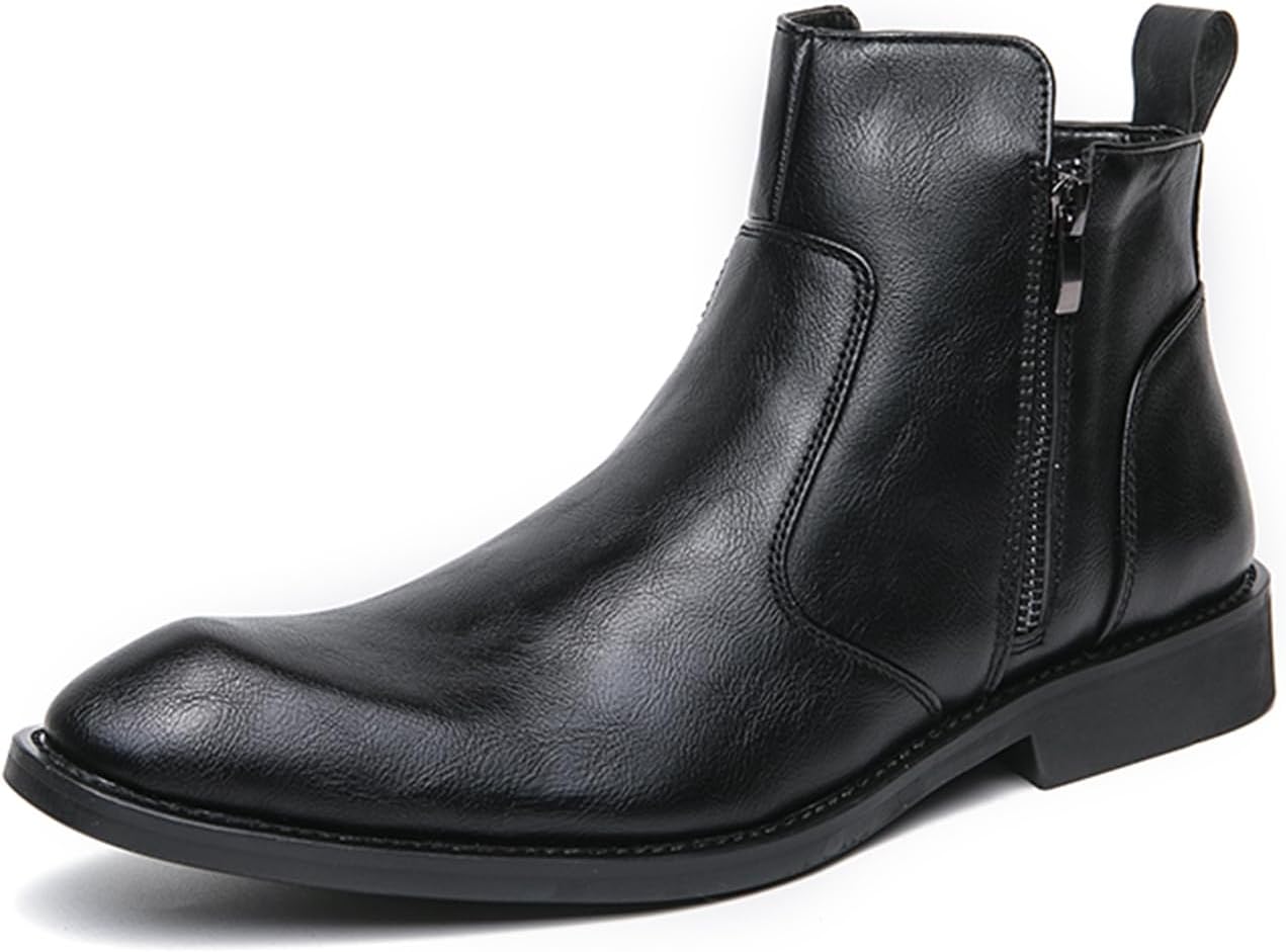 

Мужские кожаные ботинки Челси на щиколотке с двойной боковой молнией, классические, ретро, удобные, с заостренным носком, низким устойчивым каблуком, на шнуровке, для повседневной носки, работы в офисе и официальных мероприятий Bangteuo, черный