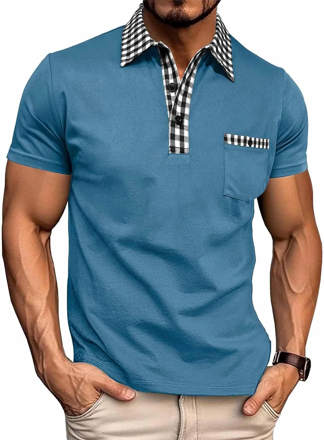 Мужское поло с коротким рукавом, в клетку, бренд Generic, Light Blue