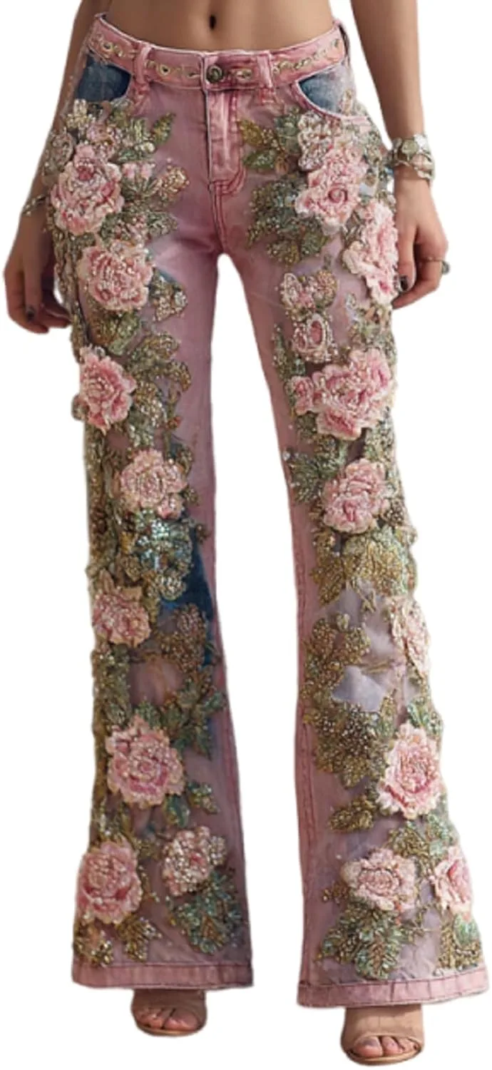 

Женские джинсы-клеш с высокой талией и 3D принтом KFDGBF