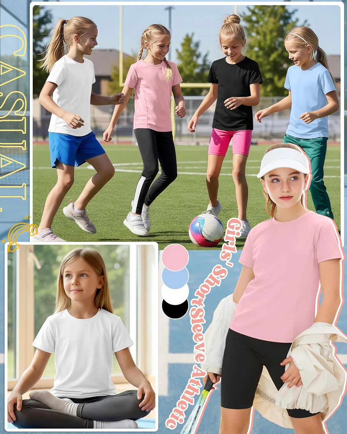 Комплект детских футболок для активного отдыха LessonZoo, 4 шт., Light Pink, Light Blue, White, Black — фото 2