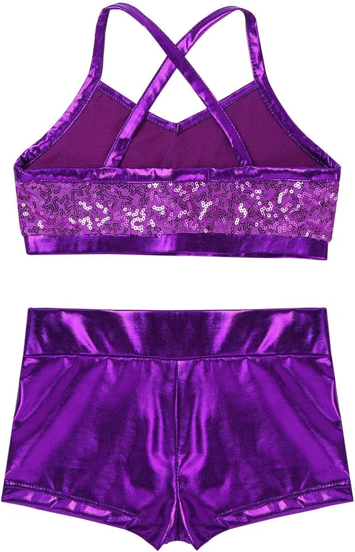 Детский спортивный костюм с пайетками Yartina, топ и шорты, Purple — фото 4