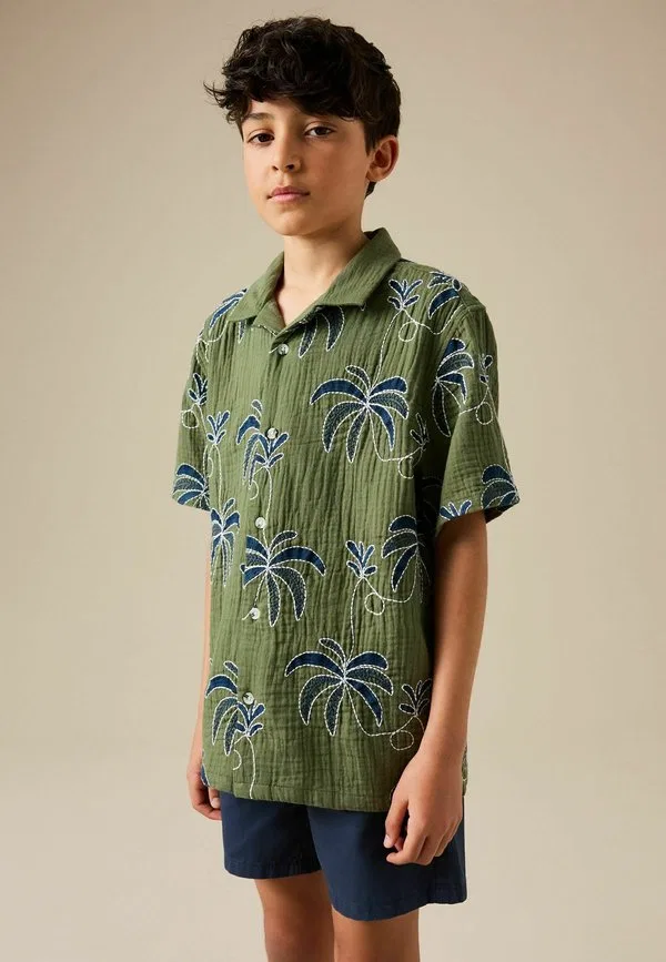 Рубашка стандартного кроя с коротким рукавом и отложным воротником Next, Khaki Green All Over Embroidery