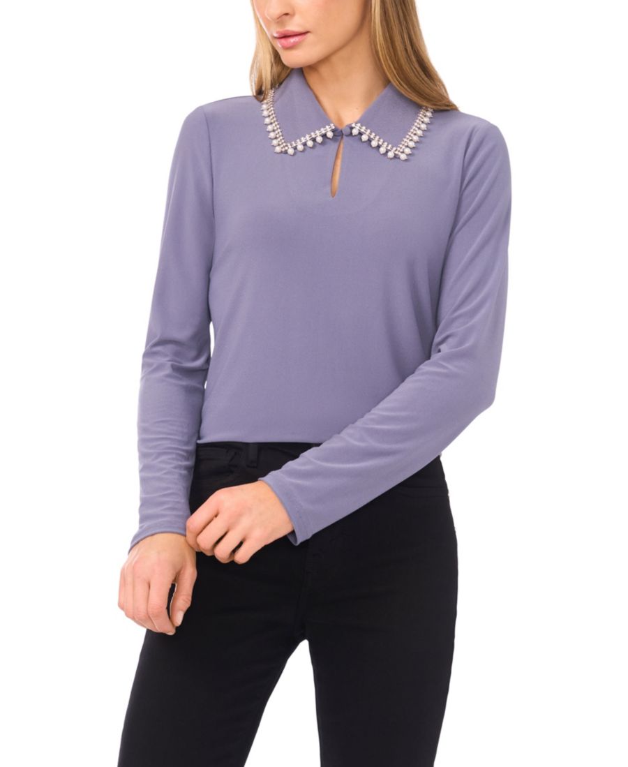 

Женская блузка с длинными рукавами и воротником, украшенная стразами CeCe, Mood Blue